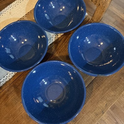 Lot of 4 Blue Enamel White Speckled Tin Camping Bowls 6  Tailgating