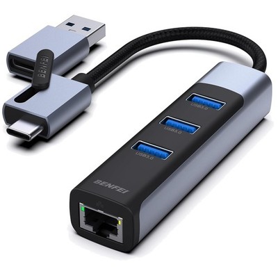Ethernet Adapter, 3x USB 3.0, USB-C/Type-A, Gigabit LAN, kompatibel for laptops