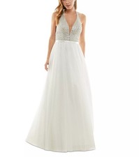 Say Yes to the Prom Juniors' Bead-Embellished Sleeveless Halter Gown Ivory 1