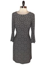 TOMMY HILFIGER Size 12 Shift Dress Black Beige Floral 3/4 Sleeve Stretch Knit