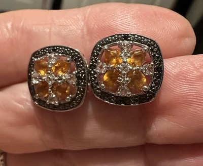 STERLING 4 CITRINE PETALS W/WHITE TOPAZ SQ FLOWER EARRINGS 