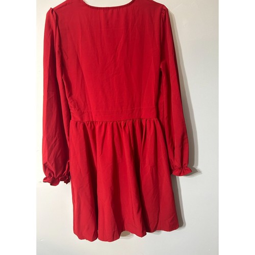 Damen Langarm tief V-Ausschnitt Falten Taille schlaffer Saum fließend Minikleid - Bild 10 von 11