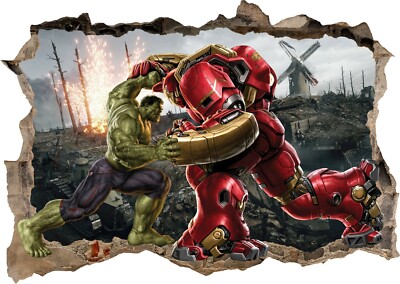 Autocollant Mural 3D Marvel - Fissure Dans Le Mur Avec Hulk, Iron Man, Spider-Man - Enfant