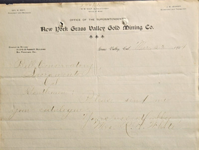 1904 Grass Valley CA New York Gold Mining Co. Letterhead Letter