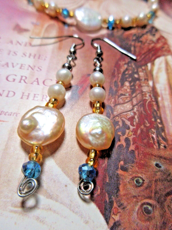 Delicada Pulsera Artesanal Swarovski Cuentas FW Moneda Perlas 6.5 - 7" con Pendientes Foto 2 de 2