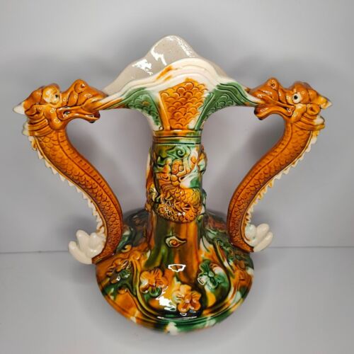 Vintage Chiński wazon z uchwytami smoka Porcelana Smok Kwiatowy wzór - Zdjęcie 1 z 3