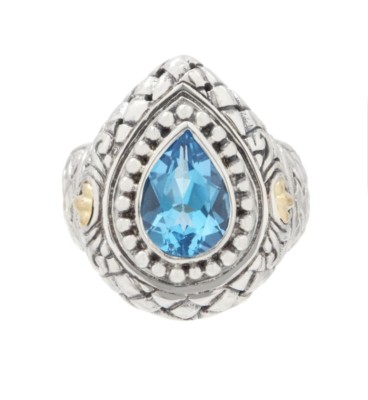 Handwerklich handgefertigter Ring Sterlingsilber & 18 Karat Gold BLAUTOPAS Edelstein Größe 7 Neu in OVP
