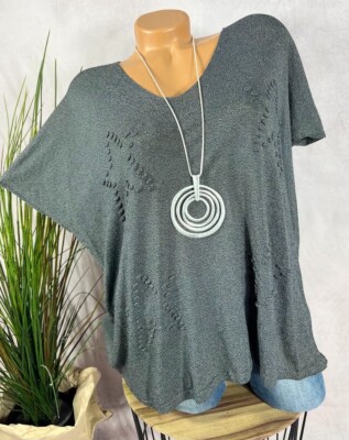 Oversize feinstrick SHIRT Leinen mix 3d Stars STERNE Italy GRAU  40 42 44