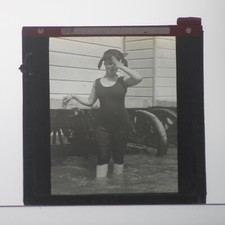 MAGIC LANTERN SLIDE VICTORIAN BATHER SWIMMING IN SEA WITH CHANGING HUT