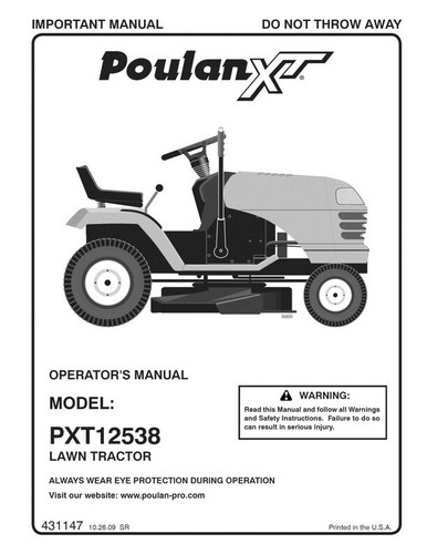 Bedienungsanleitung Poulan XT Rasentraktor mit 38” Mähdeck - Modell PXT12538
