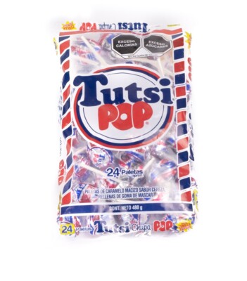 Tutsi Pop Mexican Lollipop Cherry Flavored With Gum Center 24 Pieces