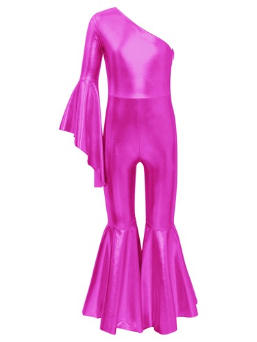 Kids Girls Romper Theme Party Bodysuit Metallic Dance Jumpsuit Bell-Bottom - Picture 60 of 74