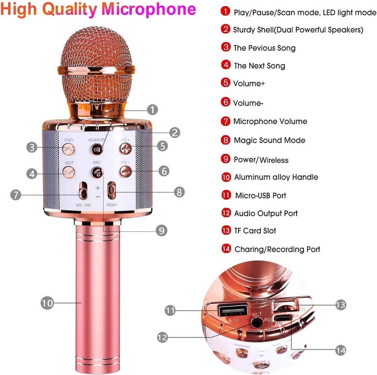 4 in 1 Wireless Microphone with LED Lights Handheld Portable Karaoke  Machine