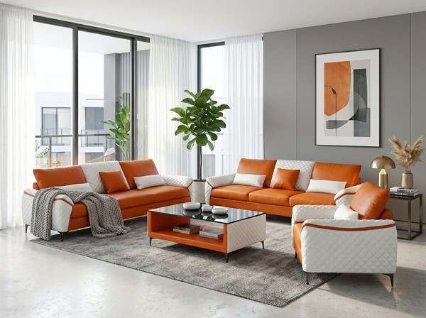 Sofa Set 3+3+1 Modern Leder Orange Komfort Design Polstergarnitur *-image