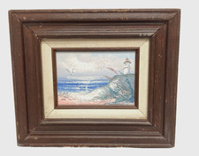 Vintage Seascape Oil Painting Framed Beach lighthouse Scene Signed Mid-Century