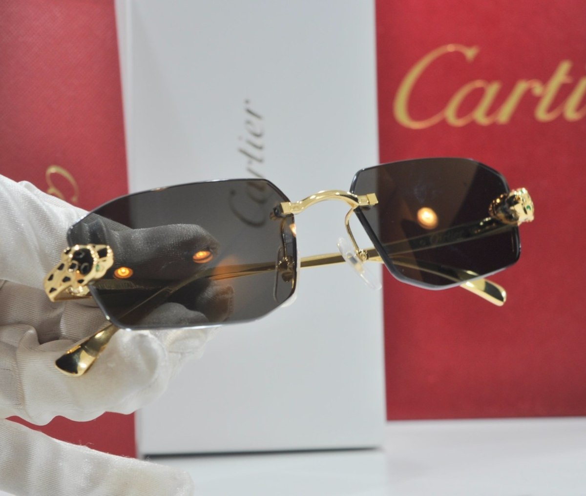 New Cartier rimless sunglasses glasses Panthere black gold Frame