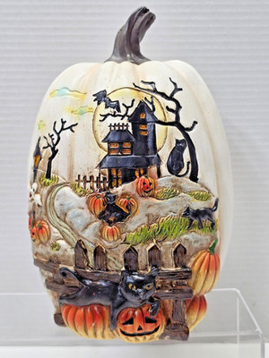 Vintage Halloween White Pumpkin Haunted House Black Cat Lighted Decor 10''