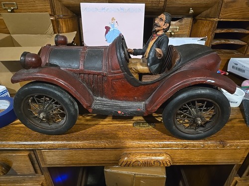 Vintage Classic Large Racing Sport car Bugatti Model Sculpture with Driver