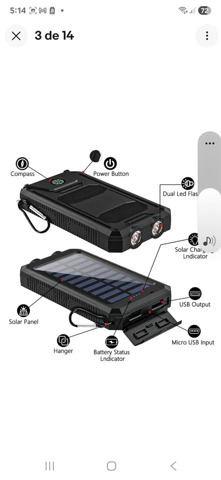 Cargador de energía solar con linterna y brújula 19800 mAh envío rápido vendedor de Estados Unidos Foto 4 de 4
