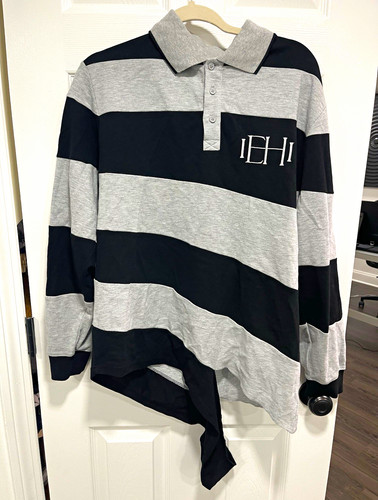 McQ, MCQ Men's Black/Gray Striped Long Sleeve Collared Polo Shirt Size M
