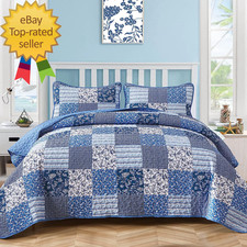 Blue Boho Quilt Set King Size 3 Pieces Plaid Floral Bedspread Coverlet Set