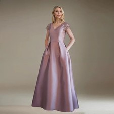 Satin Elegant Mother of the Bride Dresses A-Line V-Neck Wedding Guest Dress