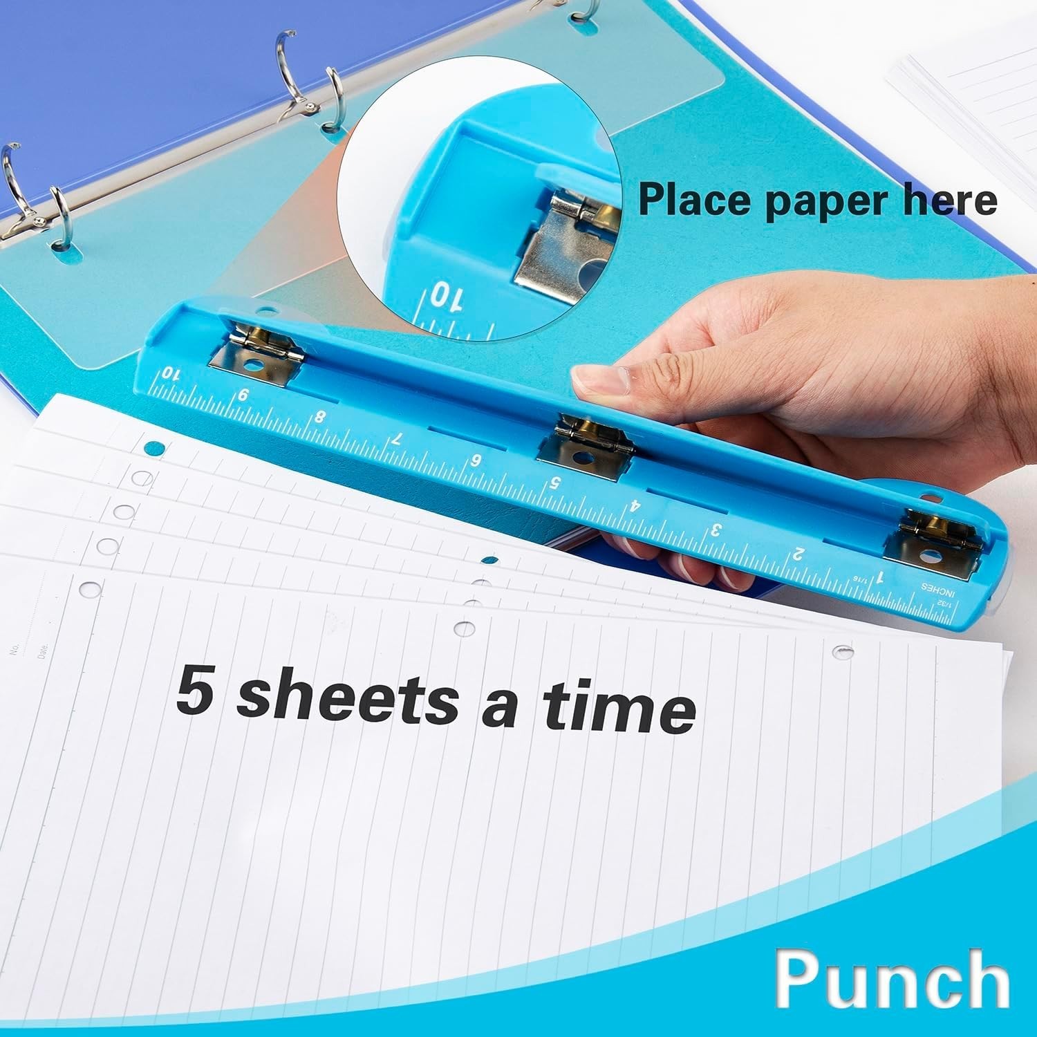 Hole Puncher 3 Ring Blue Portable Metal Puncher for Binder 5 Sheet Capacity