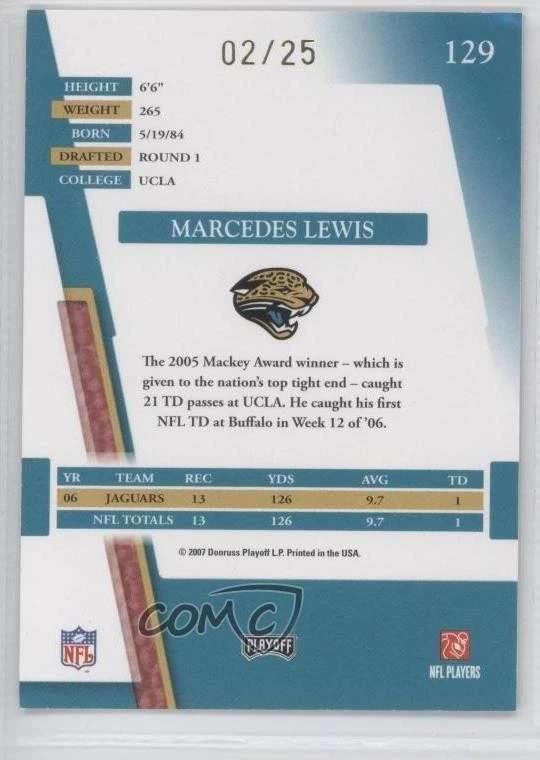 2007 Playoff Absolute Memorabilia Spectrum Gold /25 Marcedes Lewis #129 - Image 2 of 2