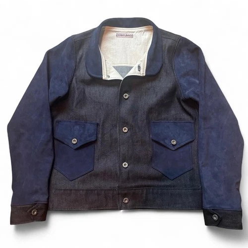 Vintage Style Cossack Jacket Denim / Leather 1930s Indigo Buckleback Made In USA - product listing photo
