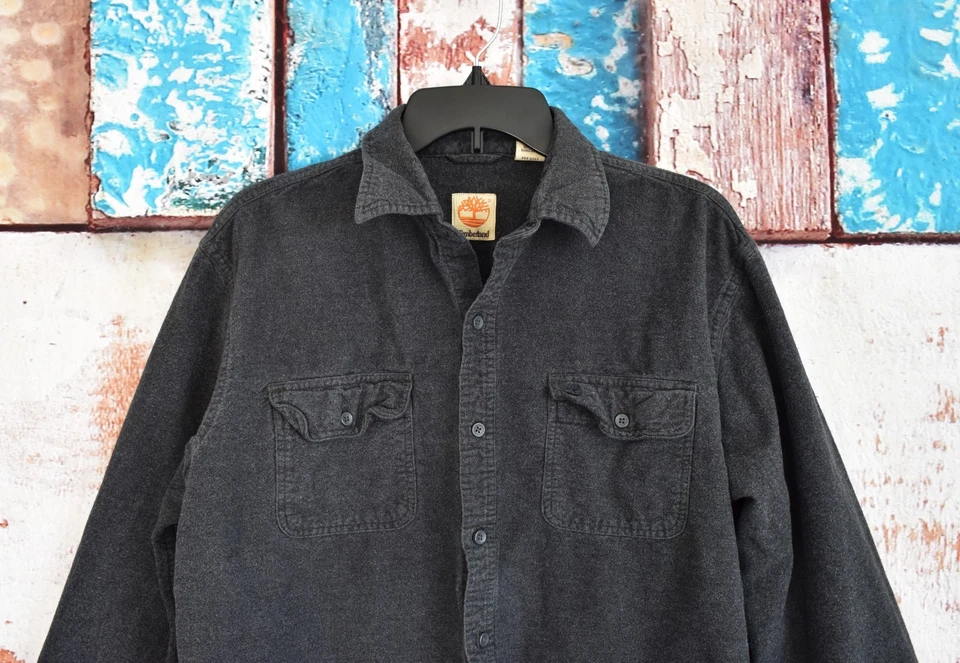 Men's Timberland Shirt Heavyweight Button Workwear LARGE Black - Image 3 of 4