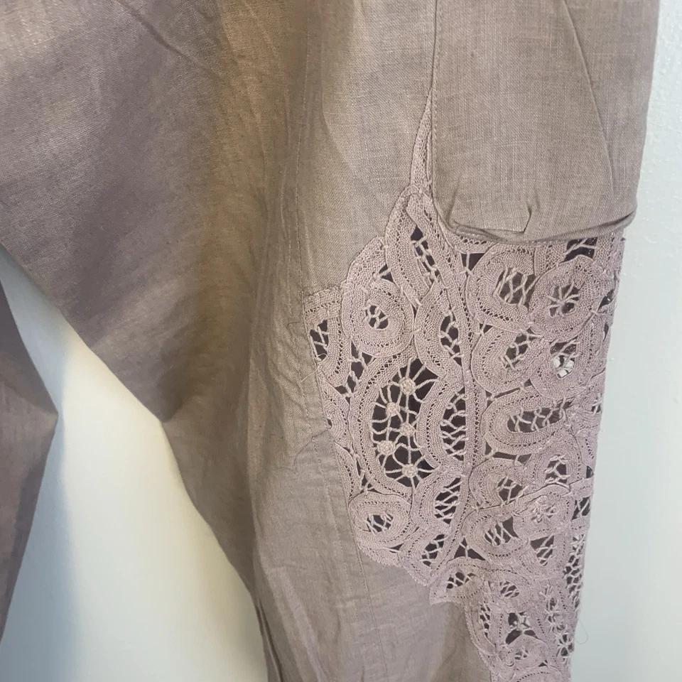 Newport News 100% Linen Blend Crochet Lace Detail Harem Pants Purple 16 - Image 4 of 4