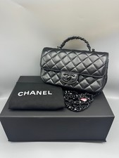 AUTH Chanel Classic Flap Black Lambskin Braided Top Handle Chain Shoulder Bag