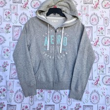 Aeropostale Womens Full Zip Hoodie Gray Teal NY Graphic Sweatshirt Size Large