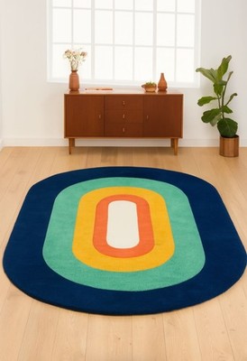 Hand Tufted Colorful Modern Area Rug Retro Oval Geometric Carpet Soft Accent