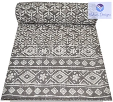 Indian Reversible Block Kantha Quilt Grey Queen Blanket Throw Art