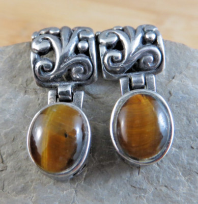 Bali-Stil braun Tigerauge Sterlingsilber oval 1/2 Creolen Ohrstecker #582