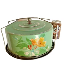 Vintage 1950s Carlton Green Tin Cake Carrier w Hand Painted Flowers Rustic
