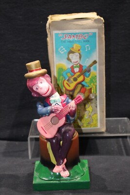 OCCUPIED JAPAN CELLULOID SAMBO The Minstrel Man wind up toy. Alps Japan. With bo