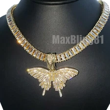 Women Gold PT Butterfly Pendant & 18" 20" 24" Iced Baguette Chain Bling Necklace