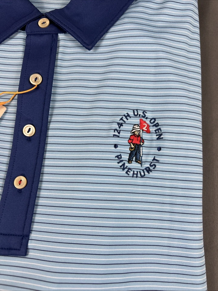 Camisa de Golf Peter Millar Polo Pinehurst EE. UU. Logo Abierto XL Azul Poliéster a Rayas Foto 2 de 4