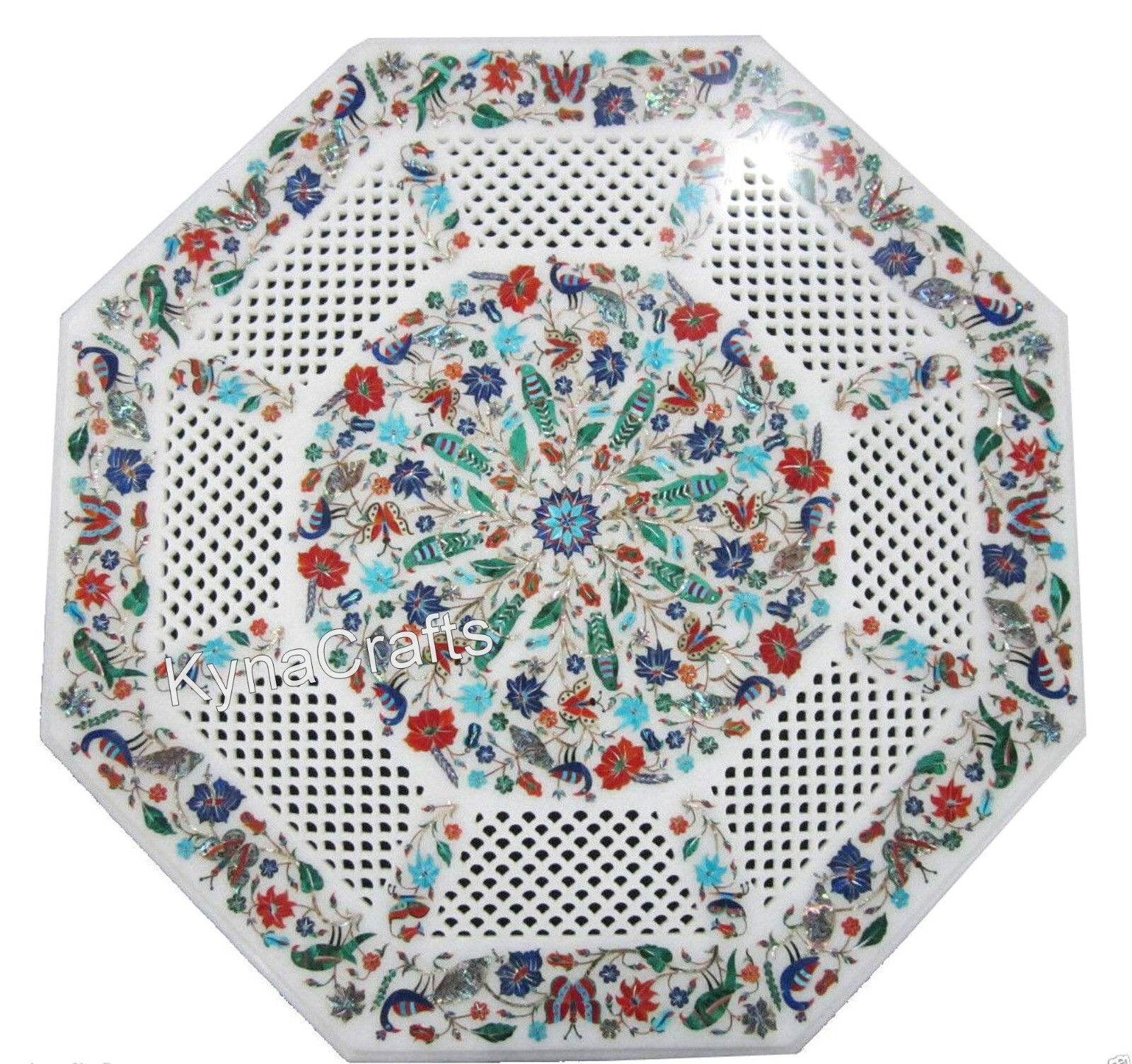 White Marble Coffee Table with Nature Inlay Design for Hotel Entryway-image