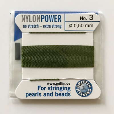 OLIVGRÜN NYLON POWER SEIDIG SCHNUR FADEN 0,50mm SCHNUR PERLEN GRIFFIN 3