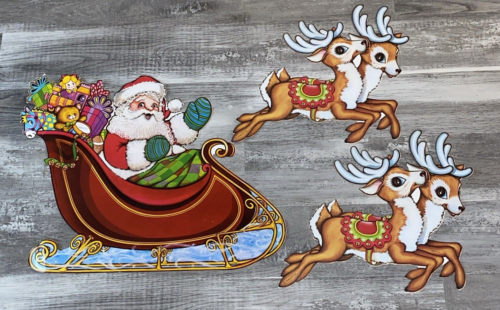 Vintage 1978 Beistle Santa Claus w' Sleigh & Reindeer 3 Pc Cut-out Set - Afbeelding 1 van 12