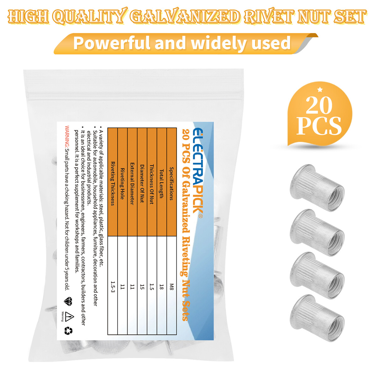 20Pcs Aluminum Flat Head Flange Nutserts Threaded Rivet Nut Rivnut Nutsert M8