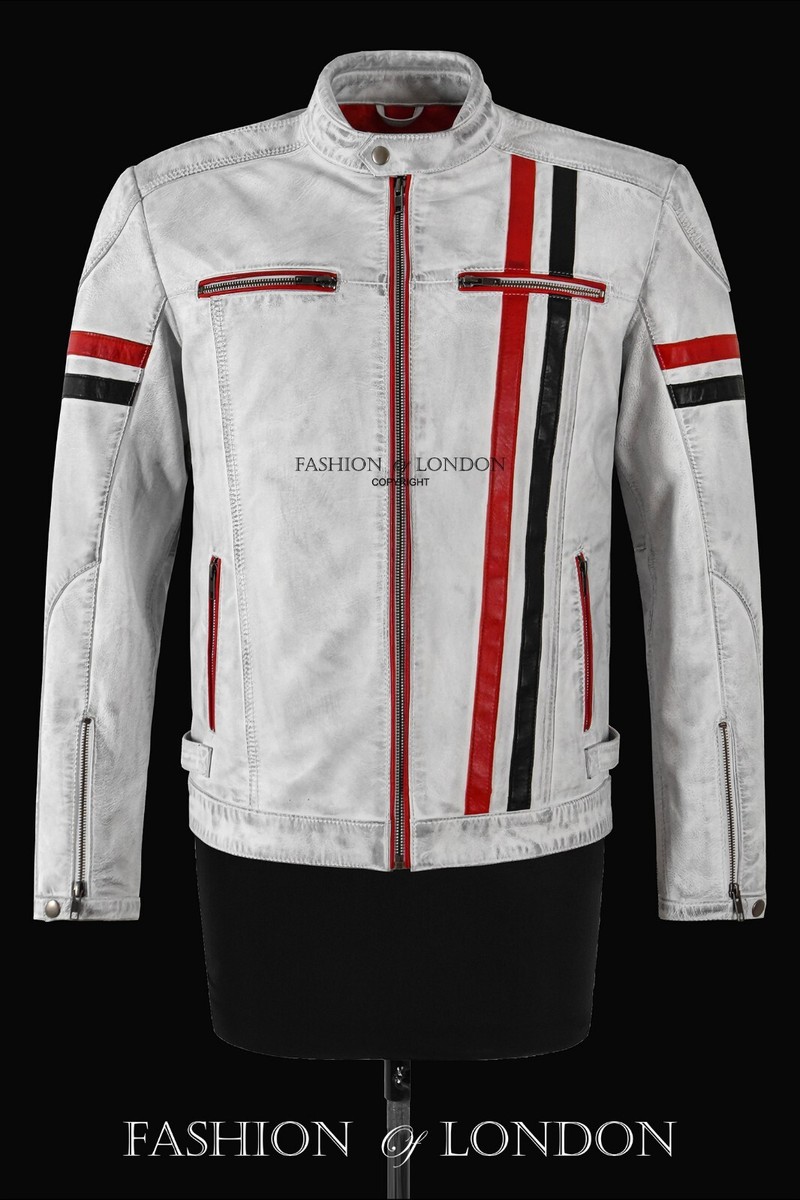 Mens Cafe Racer Vintage White Biker Red Black Stripes Real Leather