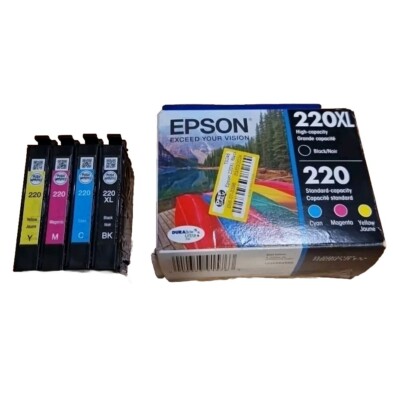 4-PACK EPSON GENUINE 220XL BLACK & 220 COLOR INK WF-2650 WF-2750 Exp. 05/26 READ