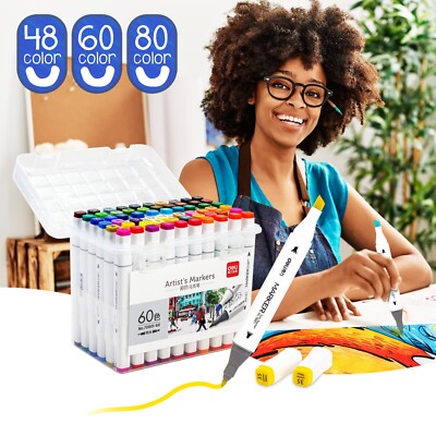 Deli 60 Colors Dual Tip Alcohol Markers, Art Markers Set with Storage Box