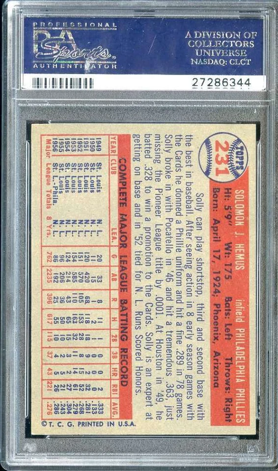 1957 TOPPS #231 SOLLY HEMUS PSA 8 PHILLIES - Image 2 of 2