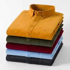 Men's Corduroy Long Sleeve Button Down Workwear Slim Fit Casual Cotton Shirt