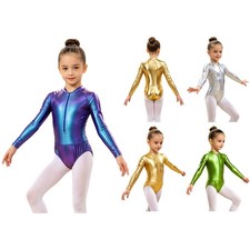 Girls Metallic Shiny Long Sleeve Gymnastics Leotard Dance Bodysuit Performance